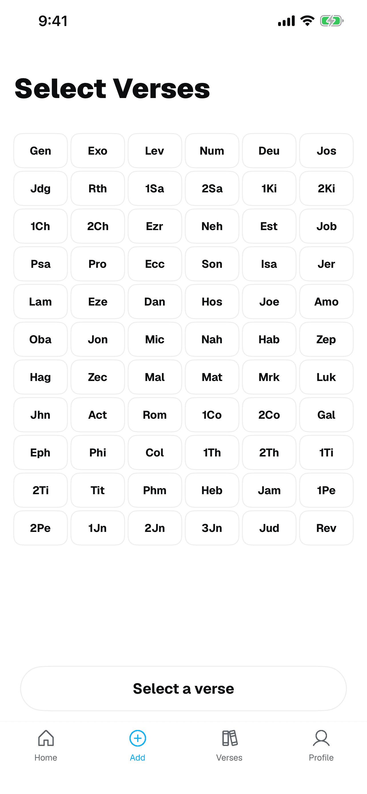 Memorise app showing Bible verse selection screen with search and add functionality
