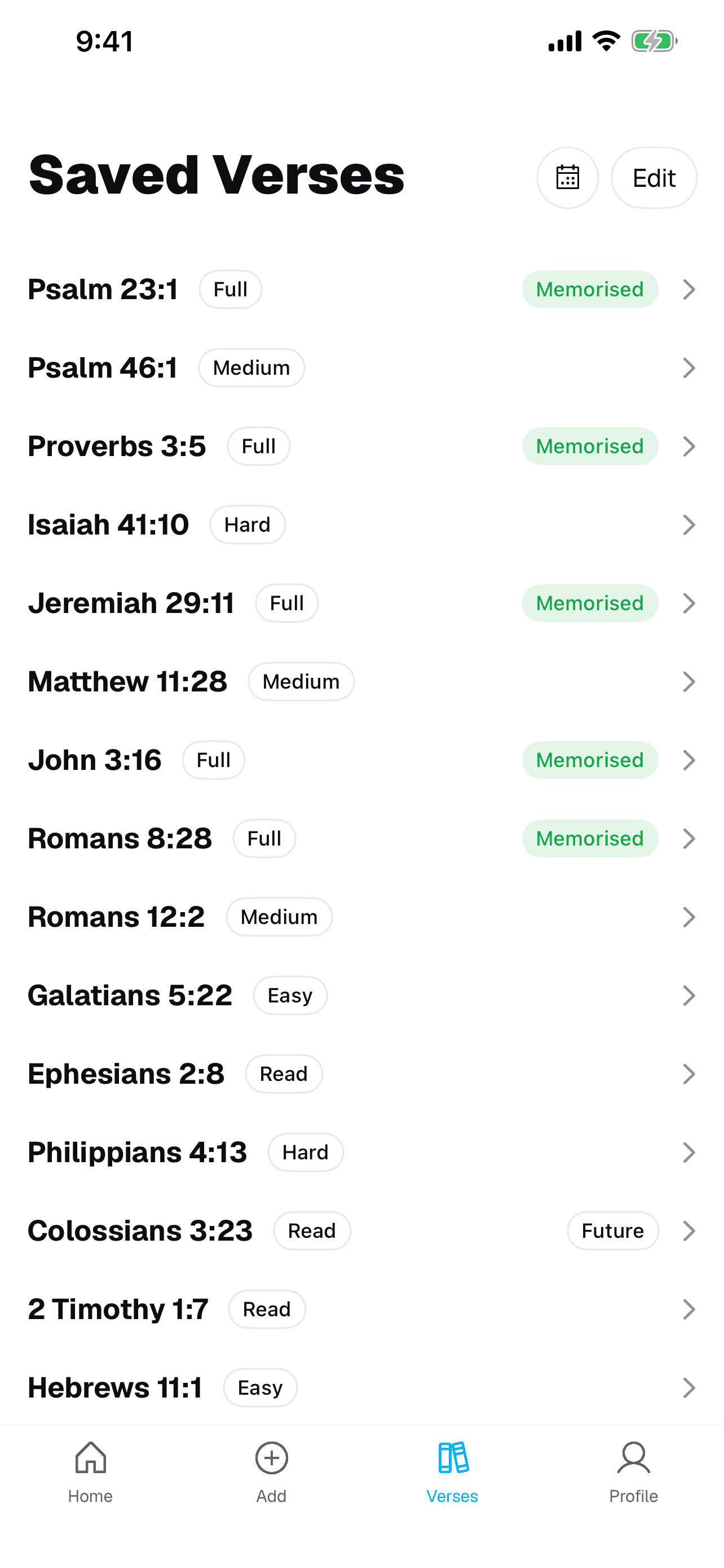 Memorise app saved verses list showing spaced repetition review schedule